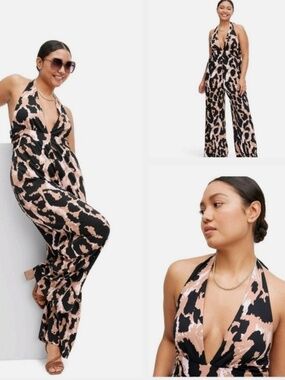 NWT DVF Diane Von Furstenberg Leopard Halter Jumpsuit XS Wide Leg